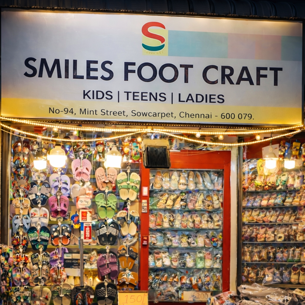“Smiles Foot Craft kids and ladies footwear store on Mint Street, Sowcarpet, Chennai.”