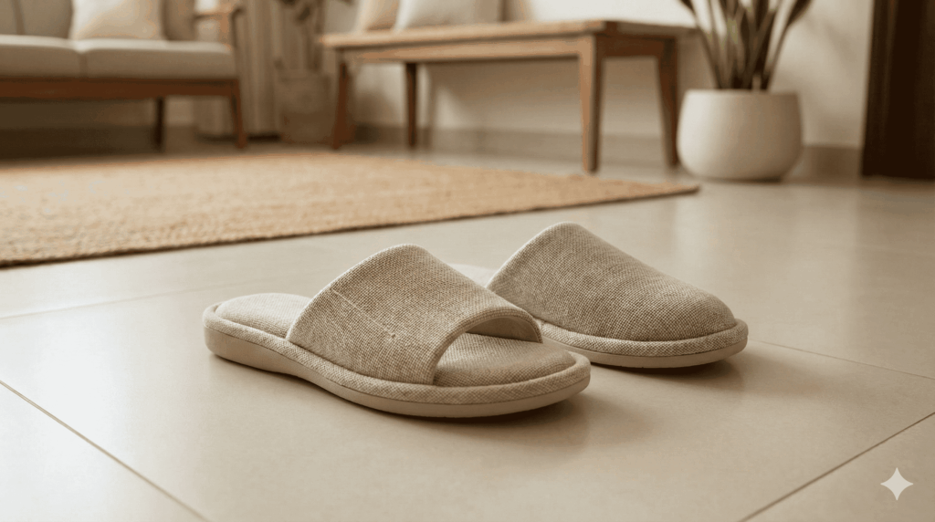 Comfortable slippers for daily wear placed on a tiled floor, showing soft sole and breathable design for everyday home use