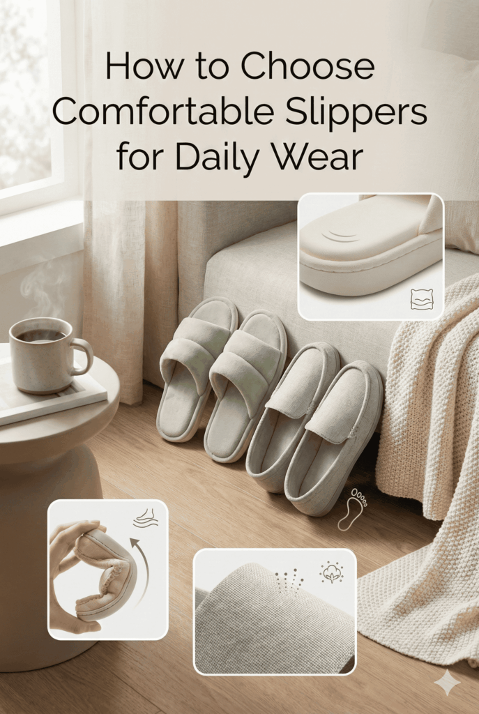 Comfortable slippers for daily wear placed on a tiled floor, showing soft sole and breathable design for everyday home use